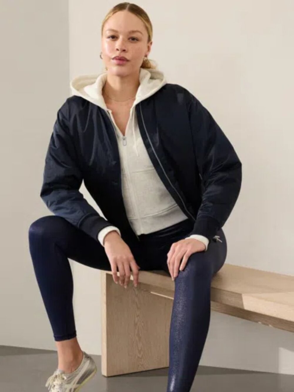 Athleta x Simone Biles Limited Edition Sateen Bomber Jacket Navy Blue L NWT$199